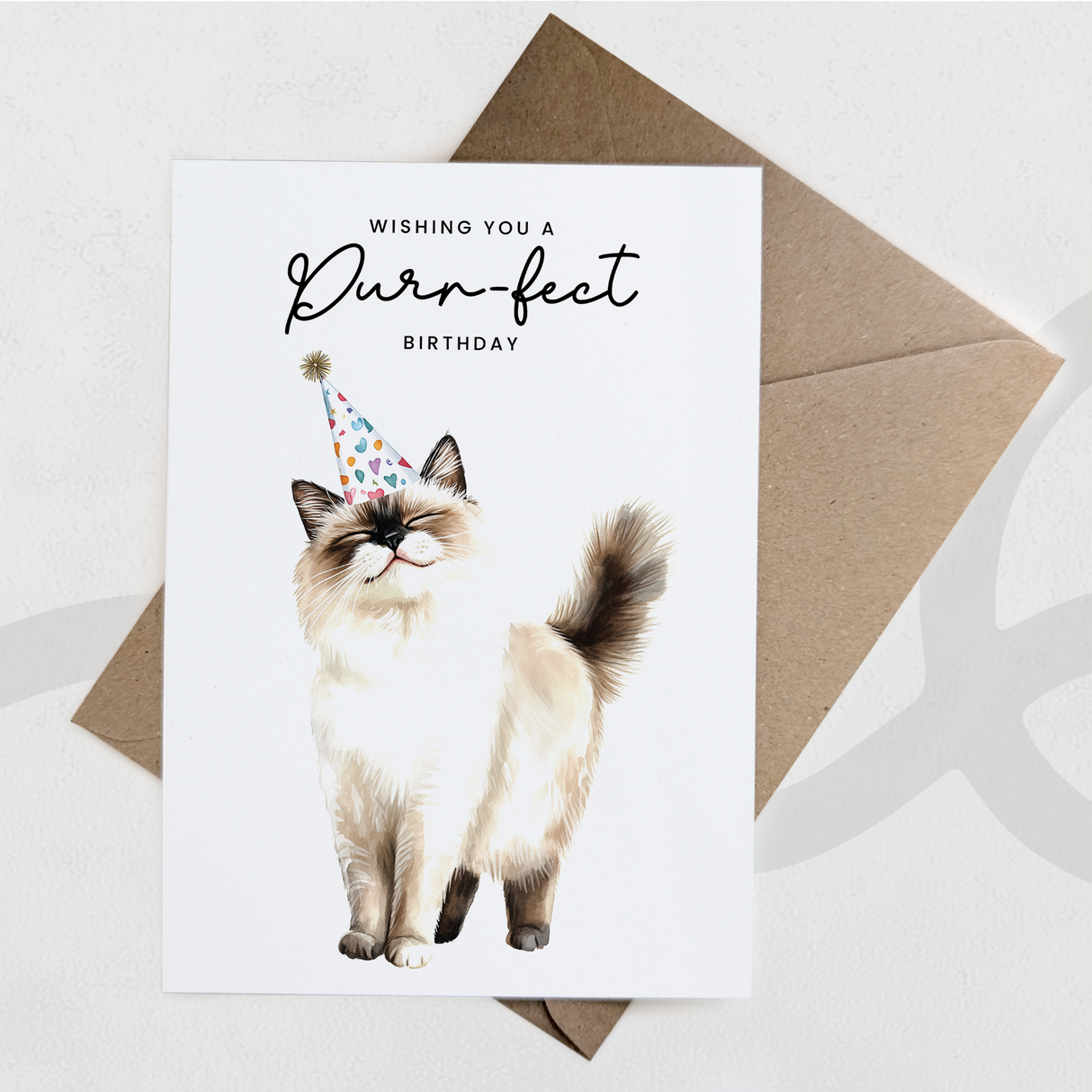 Ragdoll Cat Birthday Card – Cute Cat Lover Card with Party Hat – Purr-fect Birthday Greeting Card for Cat Owners