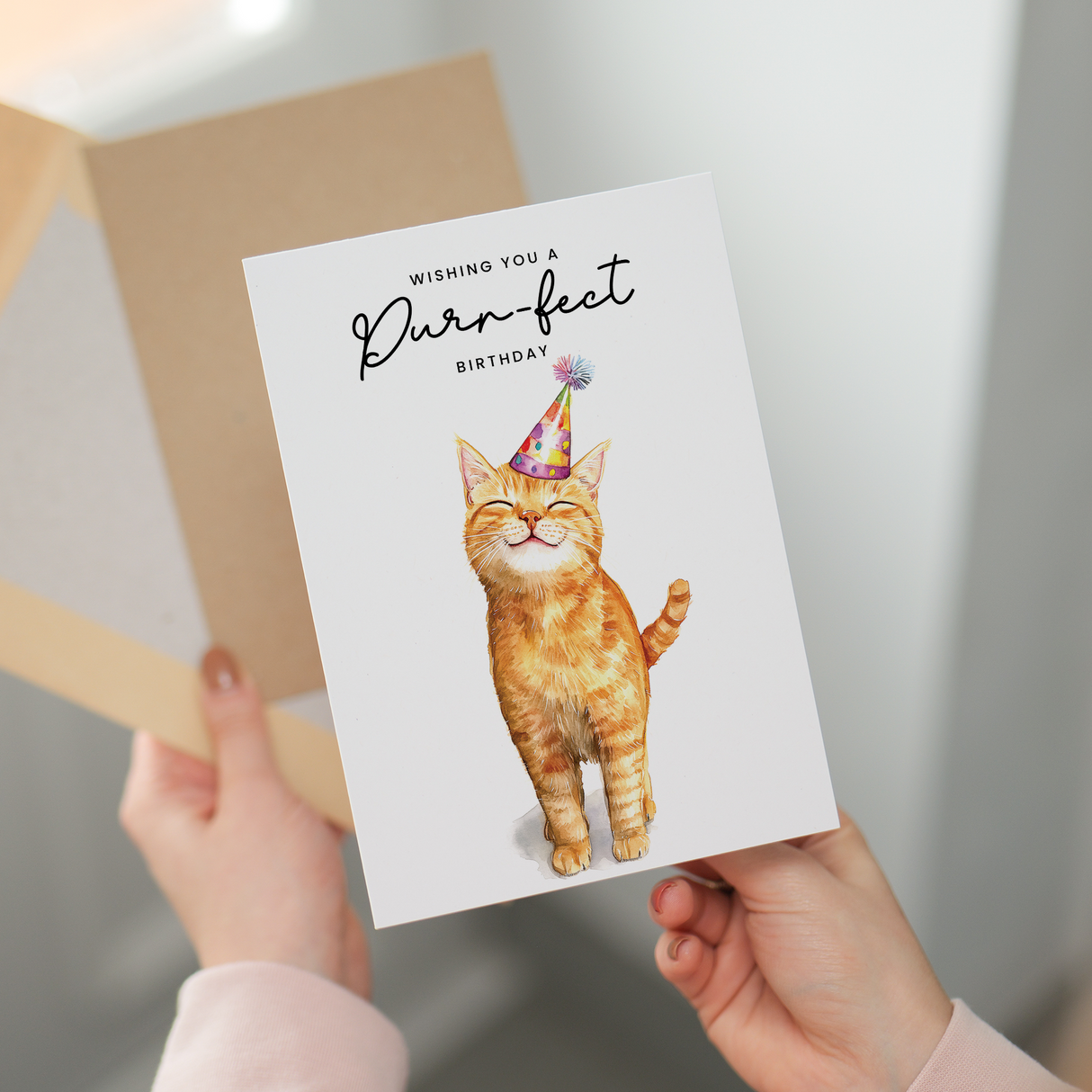 Orange Tabby Cat Birthday Card – Cute Cat Lover Card with Party Hat – Purr-fect Birthday Greeting Card for Cat Owners