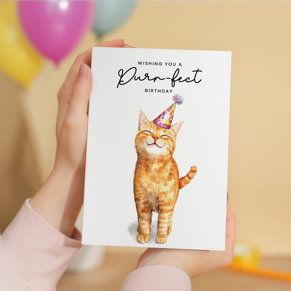 Orange Tabby Cat Birthday Card – Cute Cat Lover Card with Party Hat – Purr-fect Birthday Greeting Card for Cat Owners