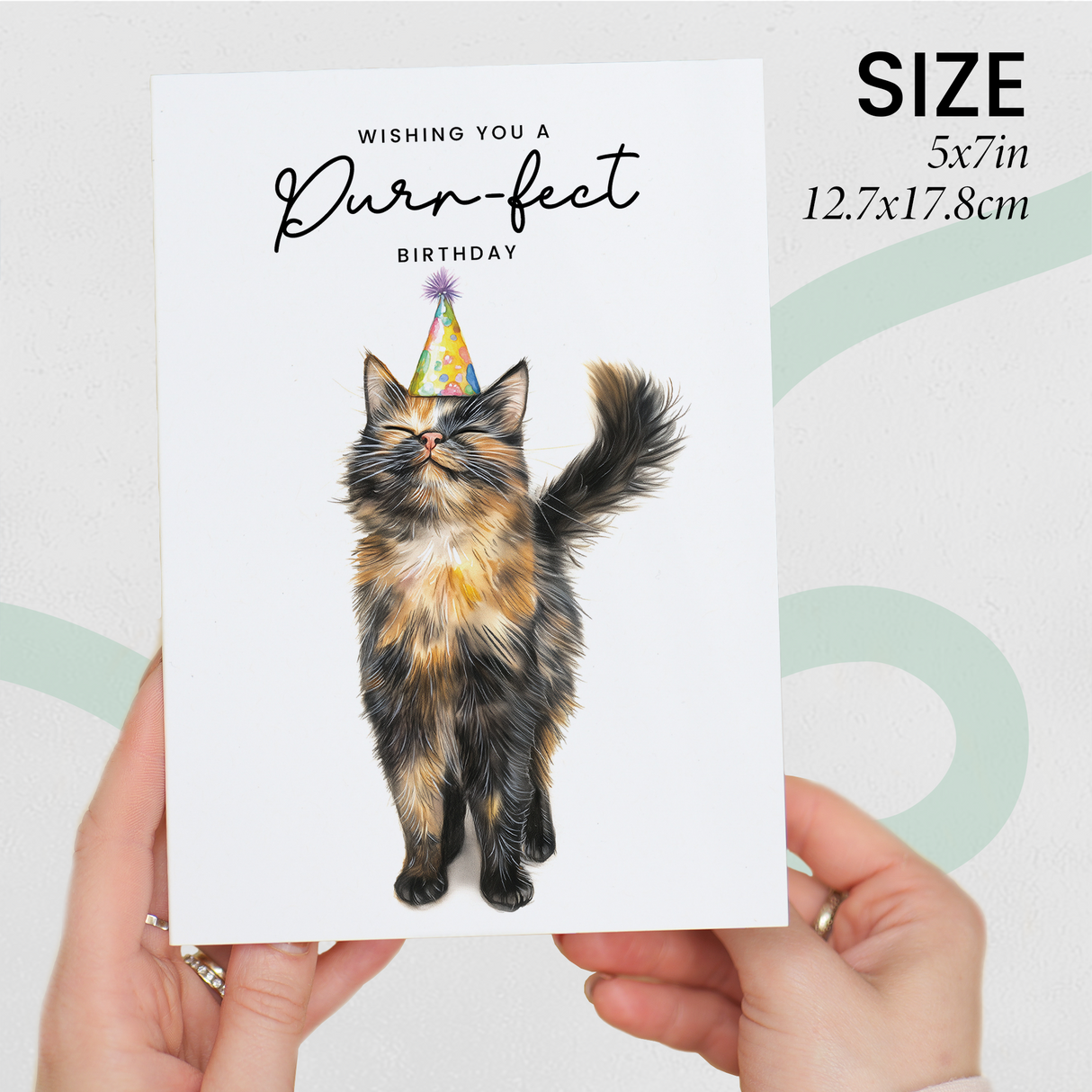 Tortoiseshell Cat Birthday Card – Cute Cat Lover Card with Party Hat – Purr-fect Birthday Greeting Card for Cat Owners