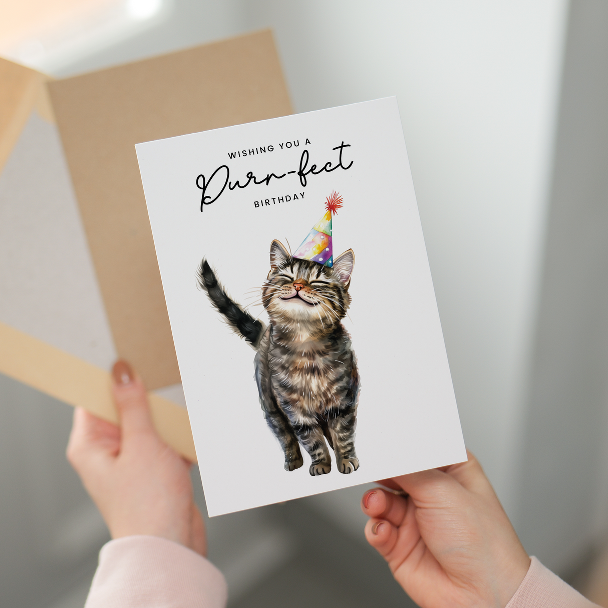 Brown Tabby Cat Birthday Card – Cute Cat Lover Card with Party Hat – Purr-fect Birthday Greeting Card for Cat Owners