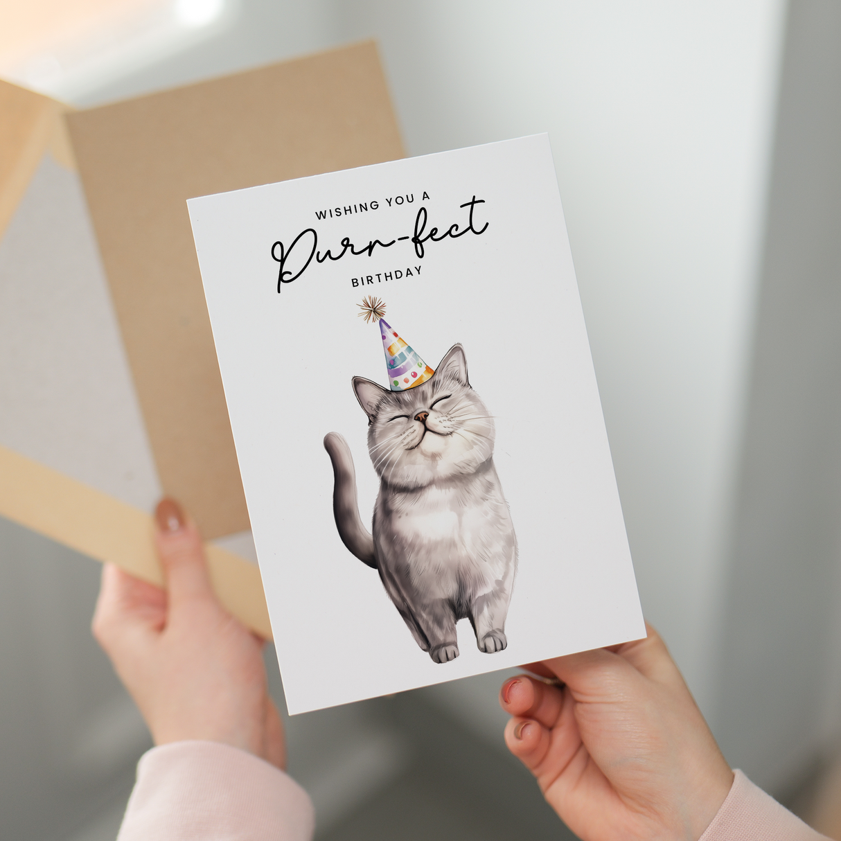 British Shorthair Cat Birthday Card – Cute Cat Lover Card with Party Hat – Purr-fect Birthday Greeting Card for Cat Owners