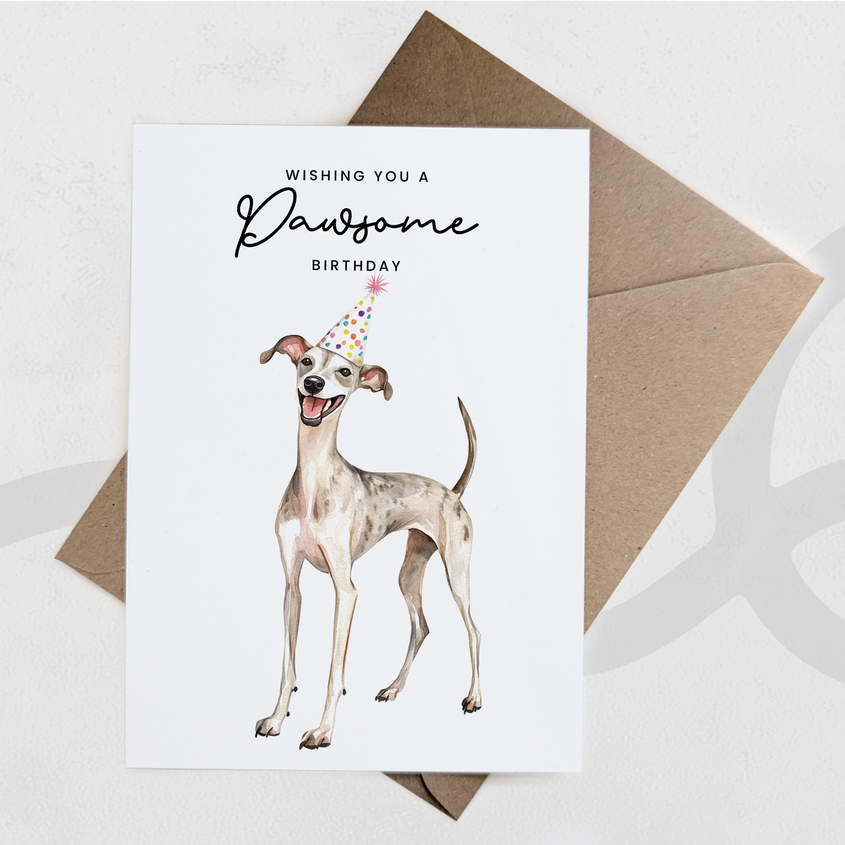 Whippet Birthday Card – Cute Dog Lover Card with Party Hat – Pawsome Birthday Greeting Card for Dog Owners