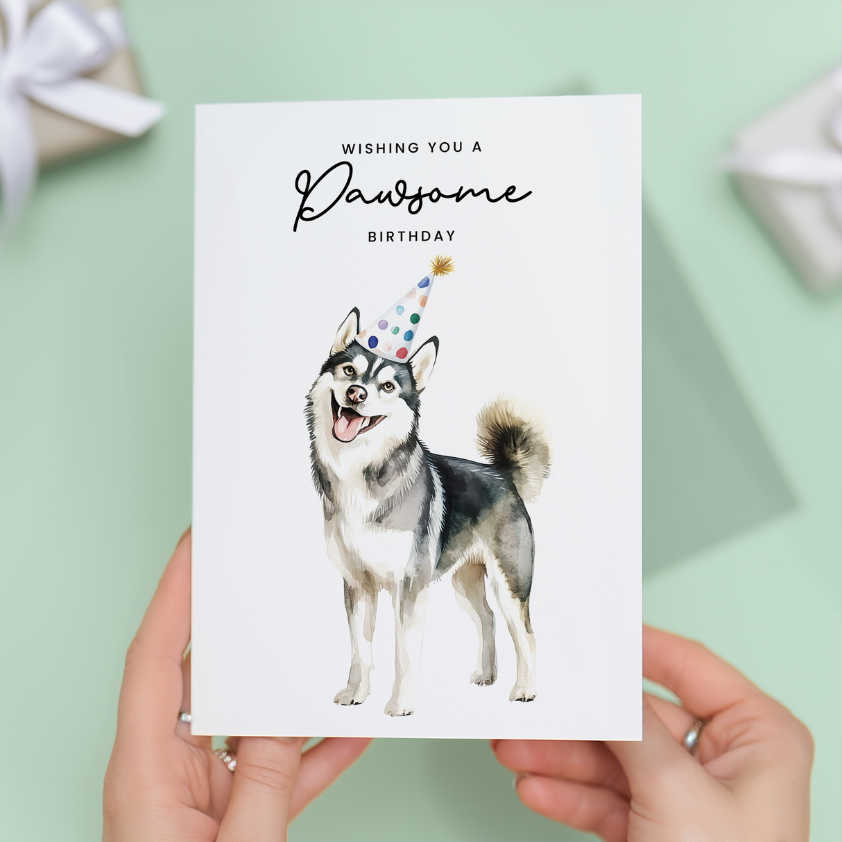 Husky Birthday Card – Cute Dog Lover Card with Party Hat – Pawsome Birthday Greeting Card for Dog Owners