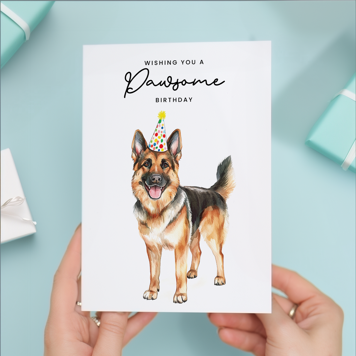 German Shepherd Birthday Card – Cute Dog Lover Card with Party Hat – Pawsome Birthday Greeting Card for Dog Owners