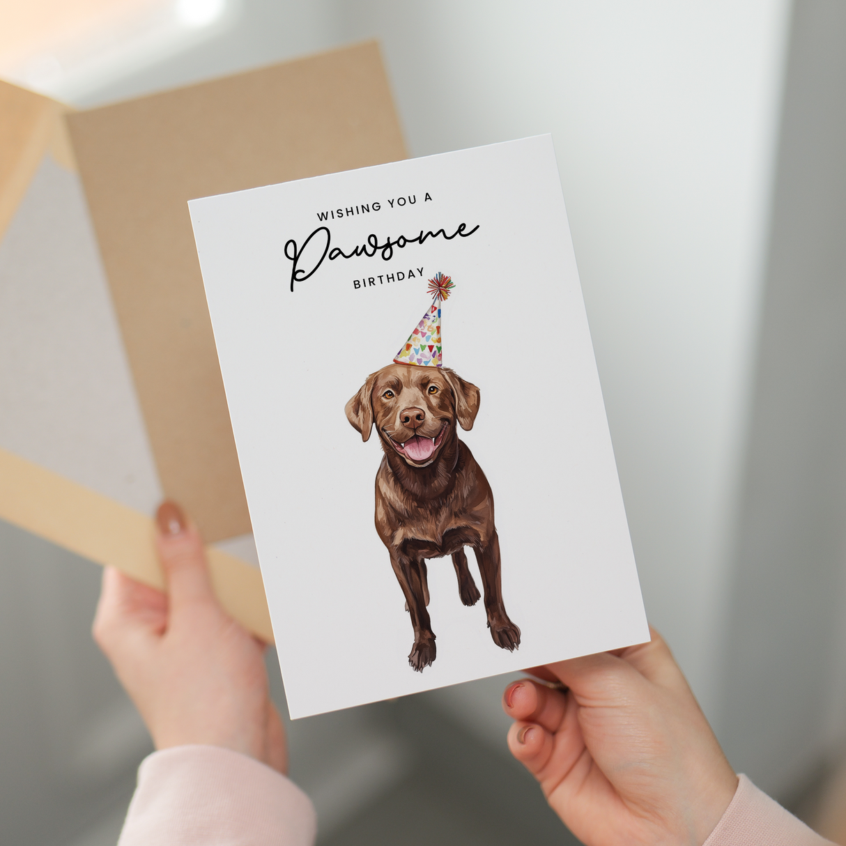Chocolate Labrador Birthday Card – Cute Dog Lover Card with Party Hat – Pawsome Birthday Greeting Card for Dog Owners