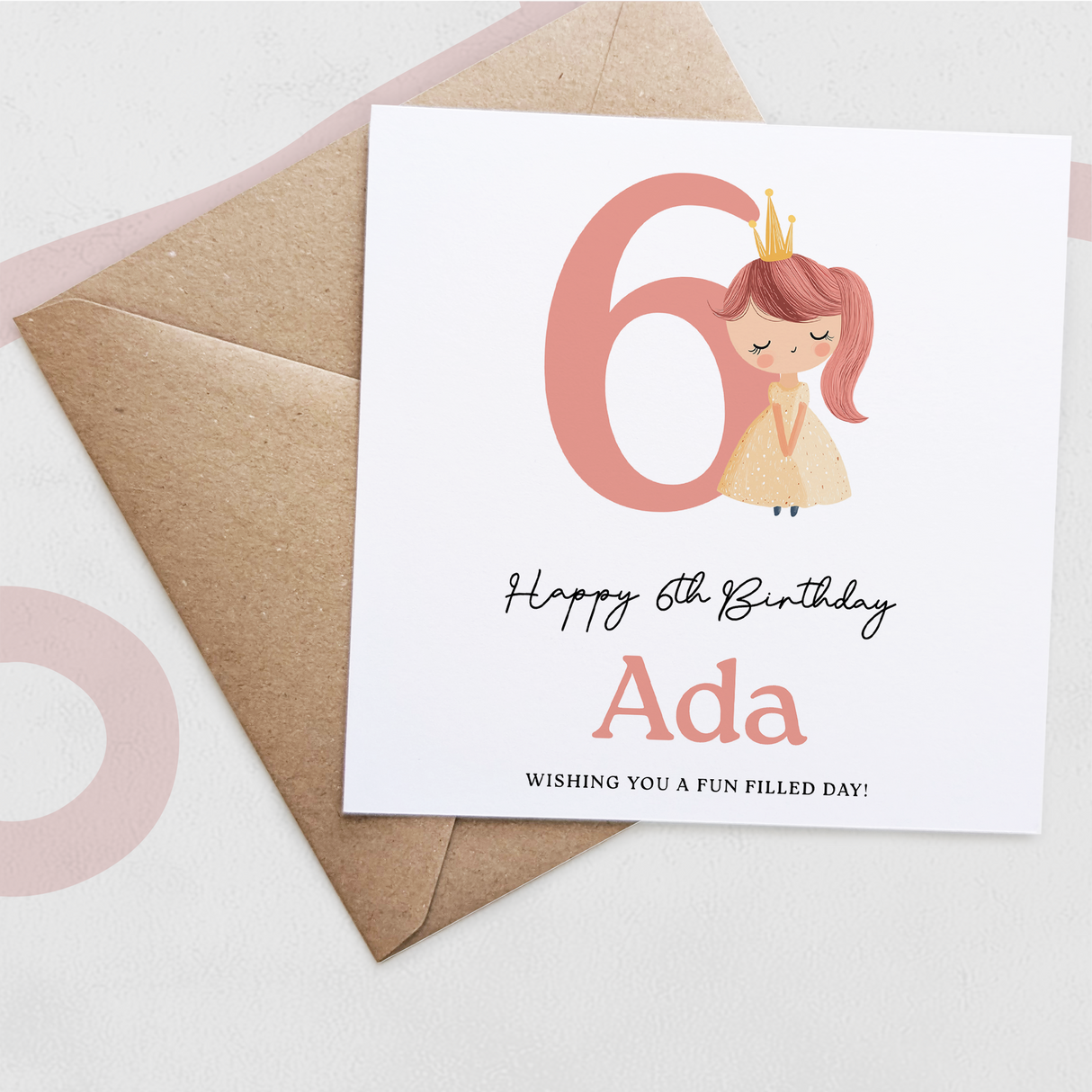 Personalised Princess Birthday Card for Girls Ages 3 4 5 6 – Cute Pink Princess Kids Birthday Card, Fun Party Card