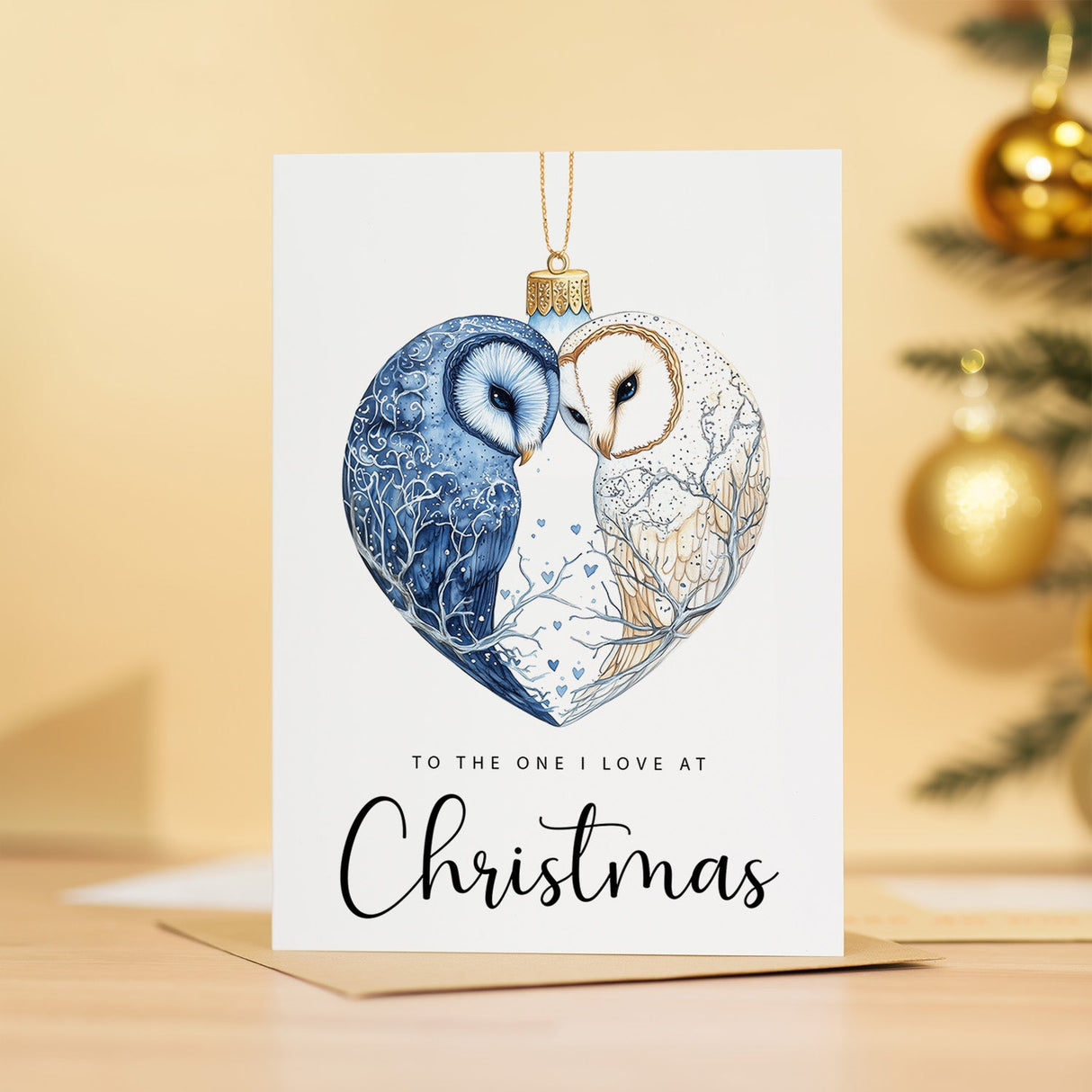 Romantic Christmas Card Owls Bauble Illustration Love Heart For Loved One