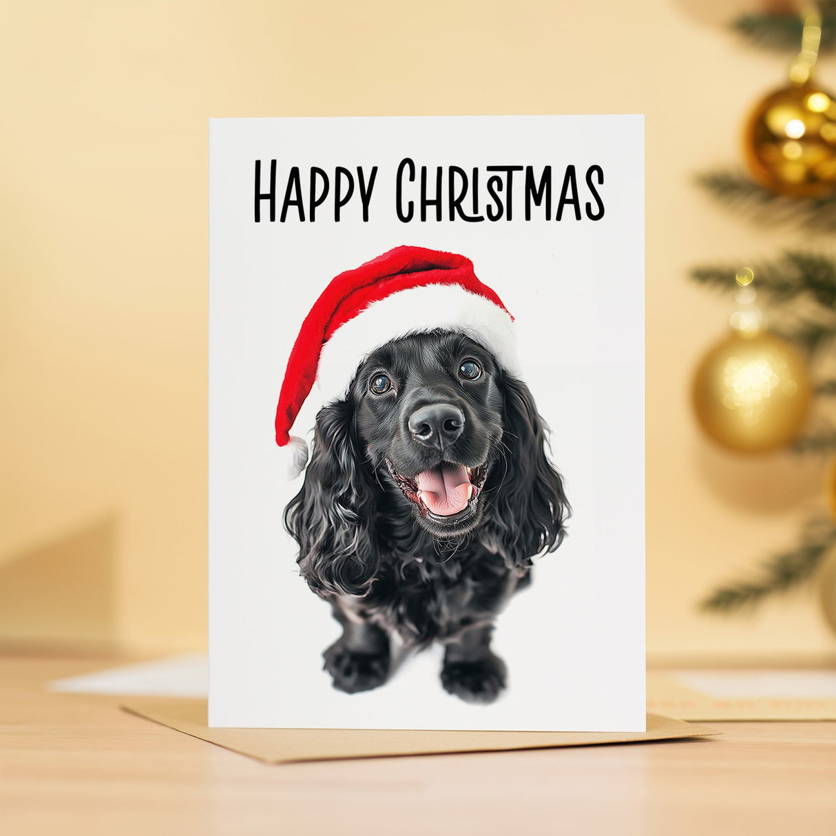 Black Cocker Spaniel Santa Hat Christmas Card for Dog Lovers