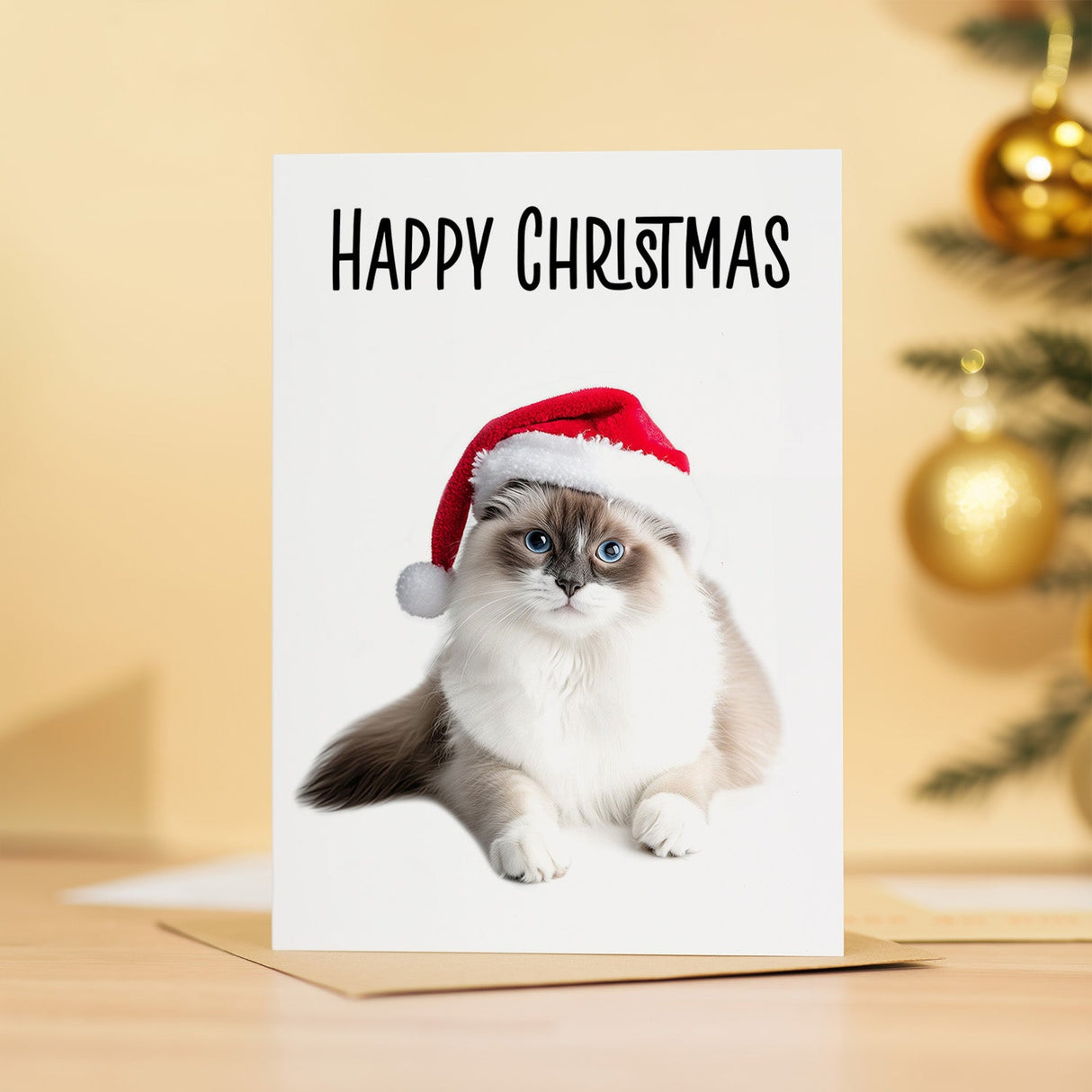 Ragdoll Cat Santa Hat Christmas Card Whimsical Holiday Card For Animal Lovers