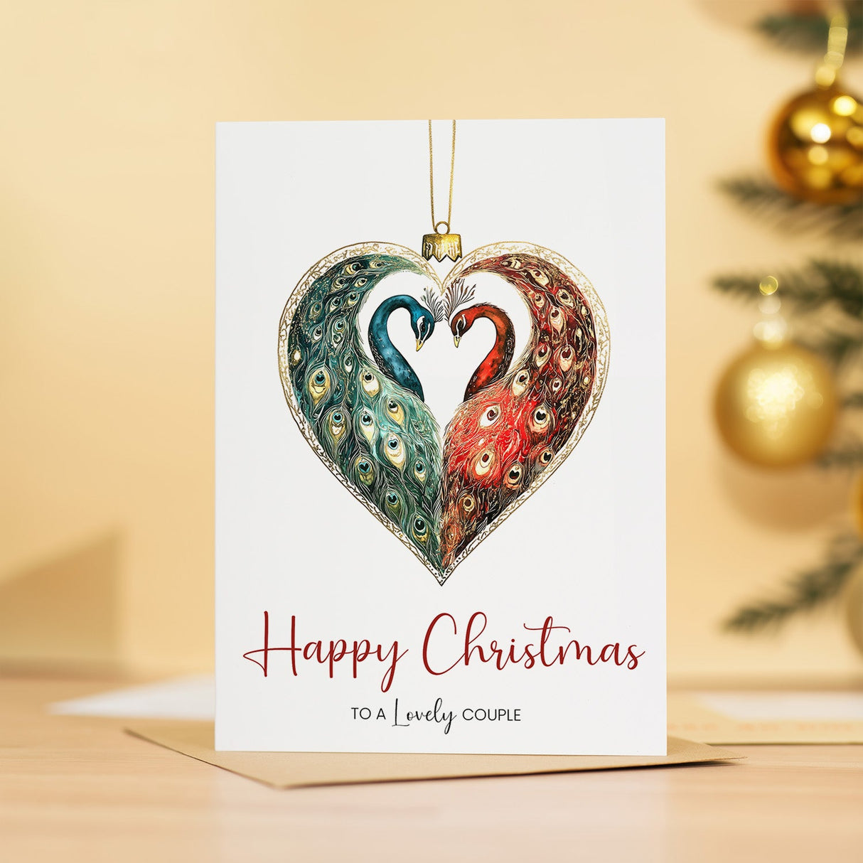 Christmas Card for a Lovely Couple, Unique Pretty Peacock Bauble Design