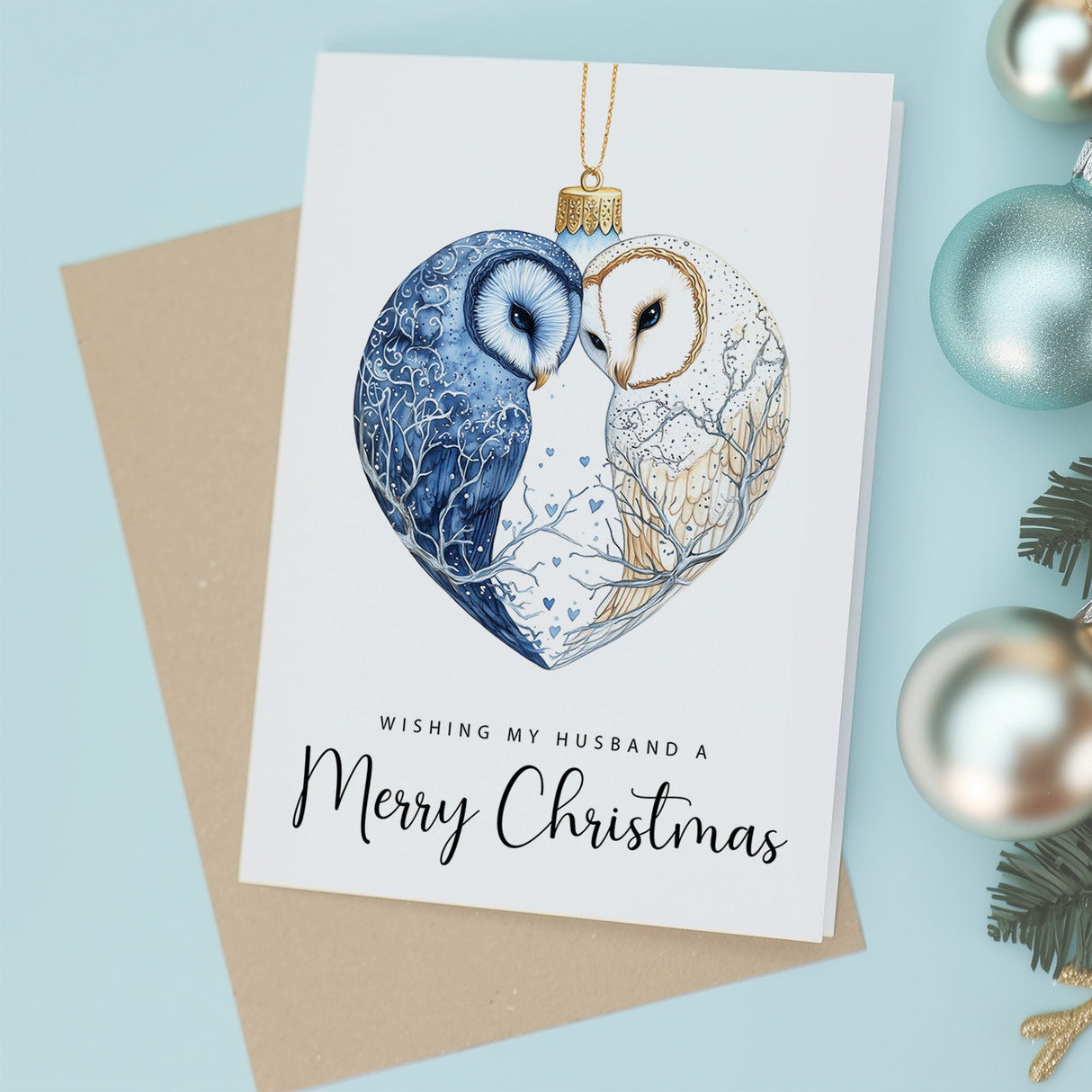Romantic Christmas Card For Husband Owls Bauble Love Heart Illustration