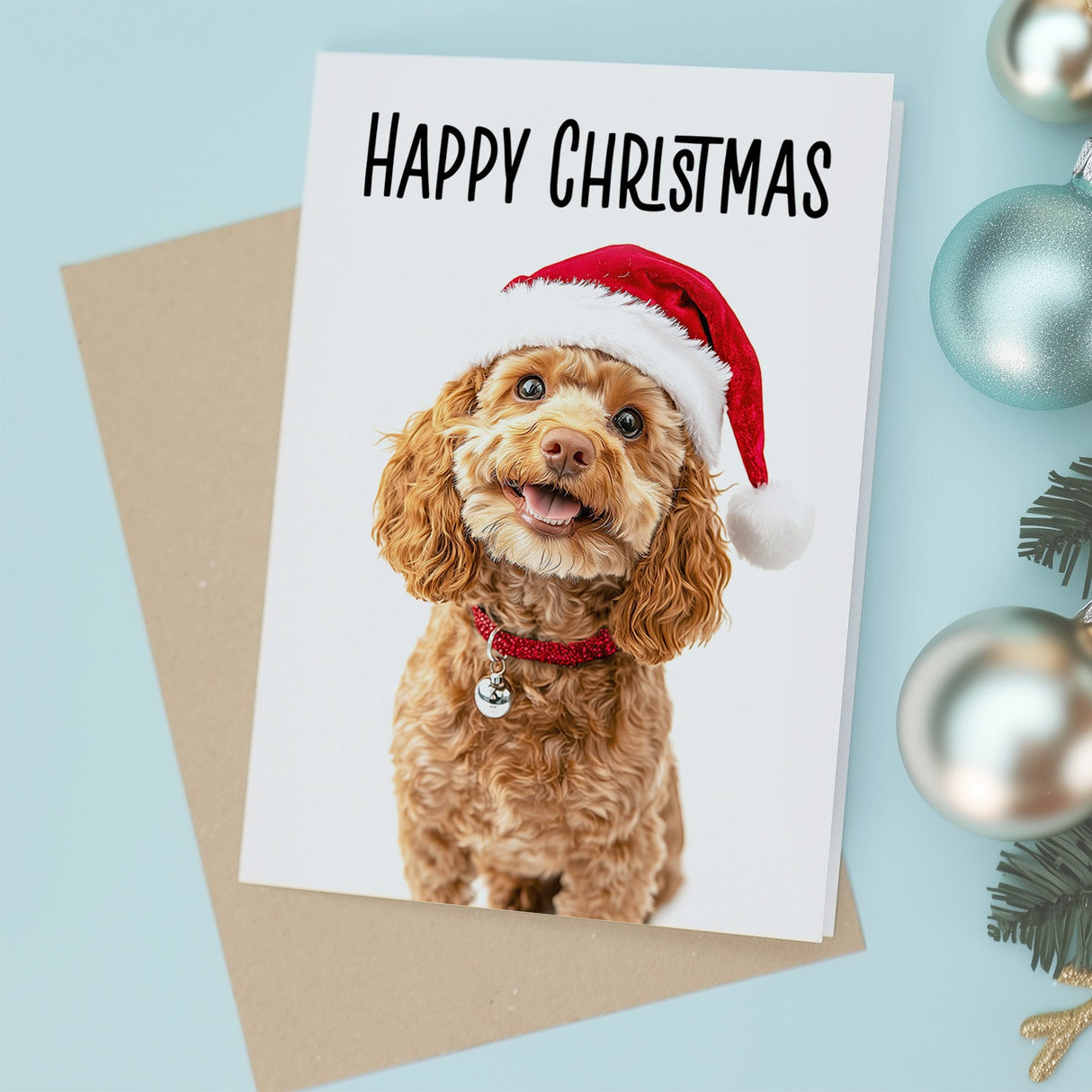 Cavapoo Dog Christmas Card Santa Hat Whimsical Holiday Card for Animal Lovers