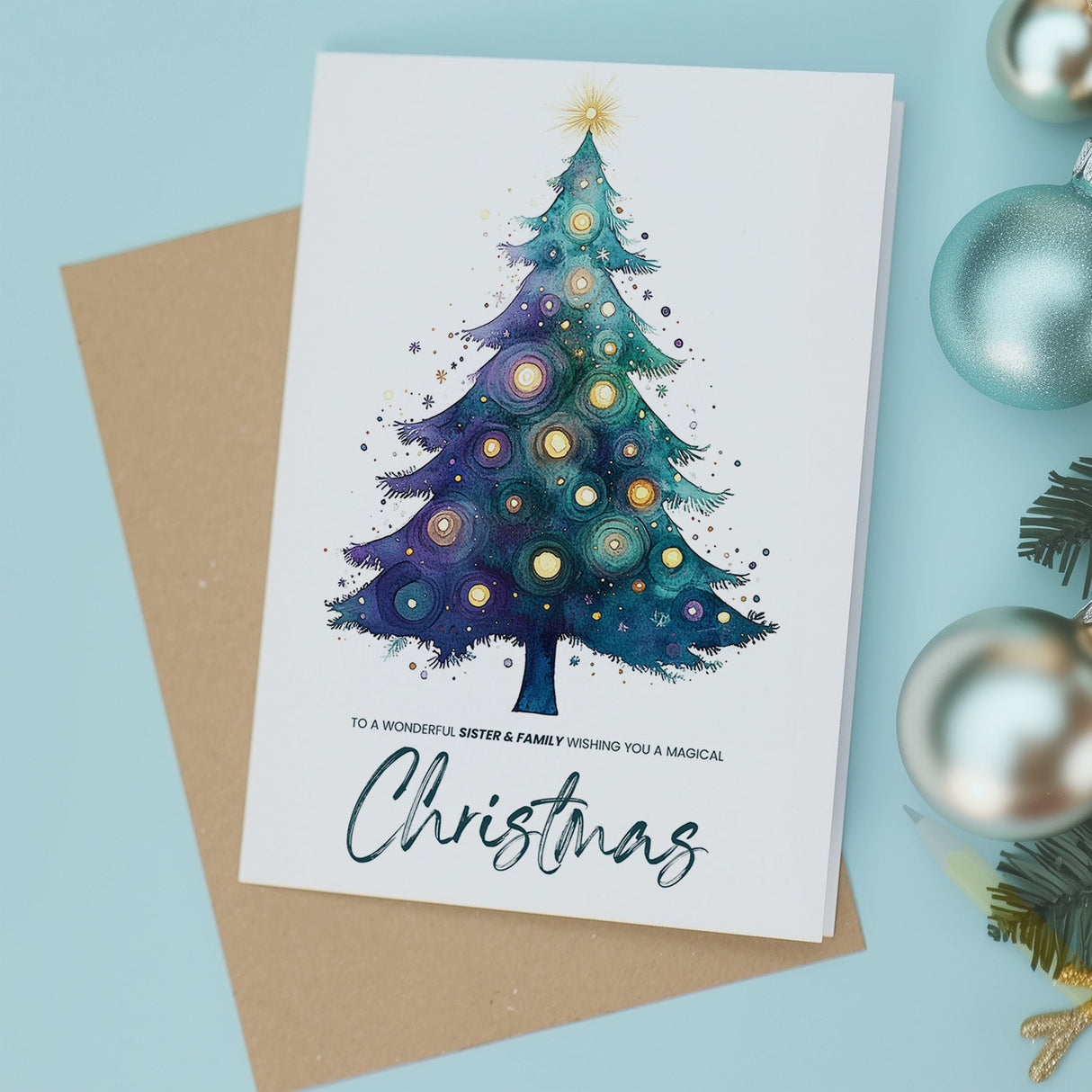 Sister & Family Christmas Card, Watercolour Tree Design, Perfect Gift For Her