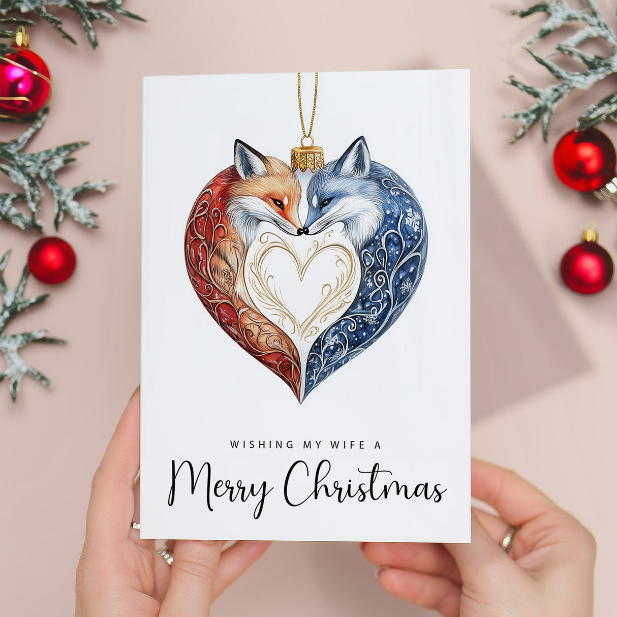 Romantic Christmas Card For Wife Foxes Bauble Love Heart Illustration