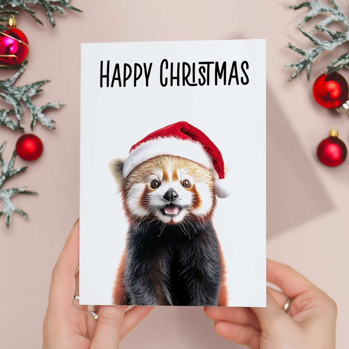 Red Panda Christmas Card Santa Hat Whimsical Animal Lover Card for Him or Her