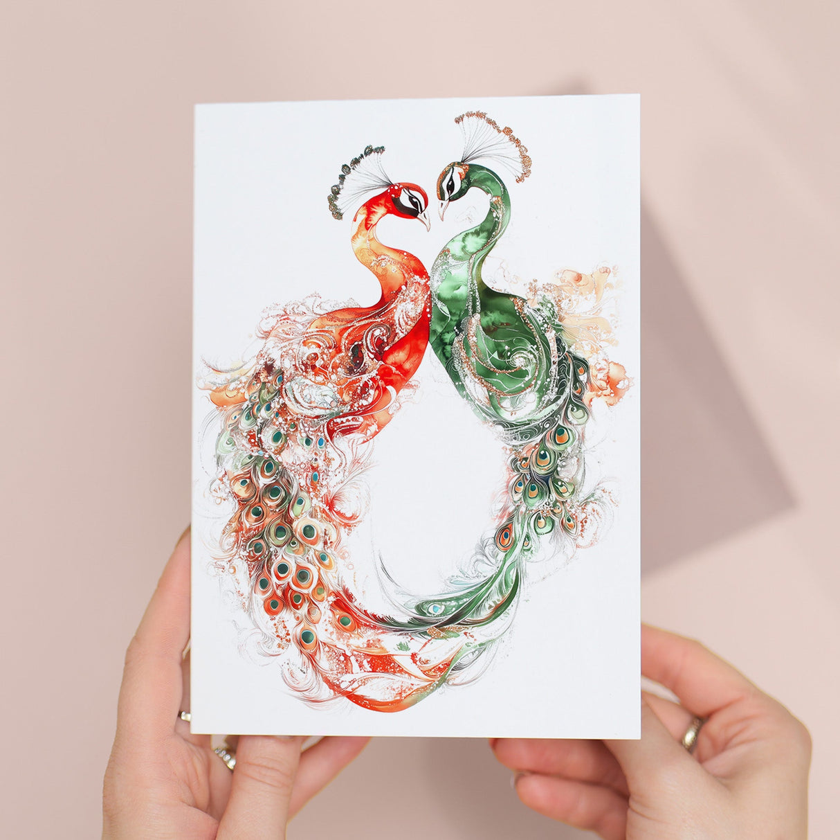 An anniversary card showcasing an intricate peacock illustration, perfect for gifting to a husband or wife.