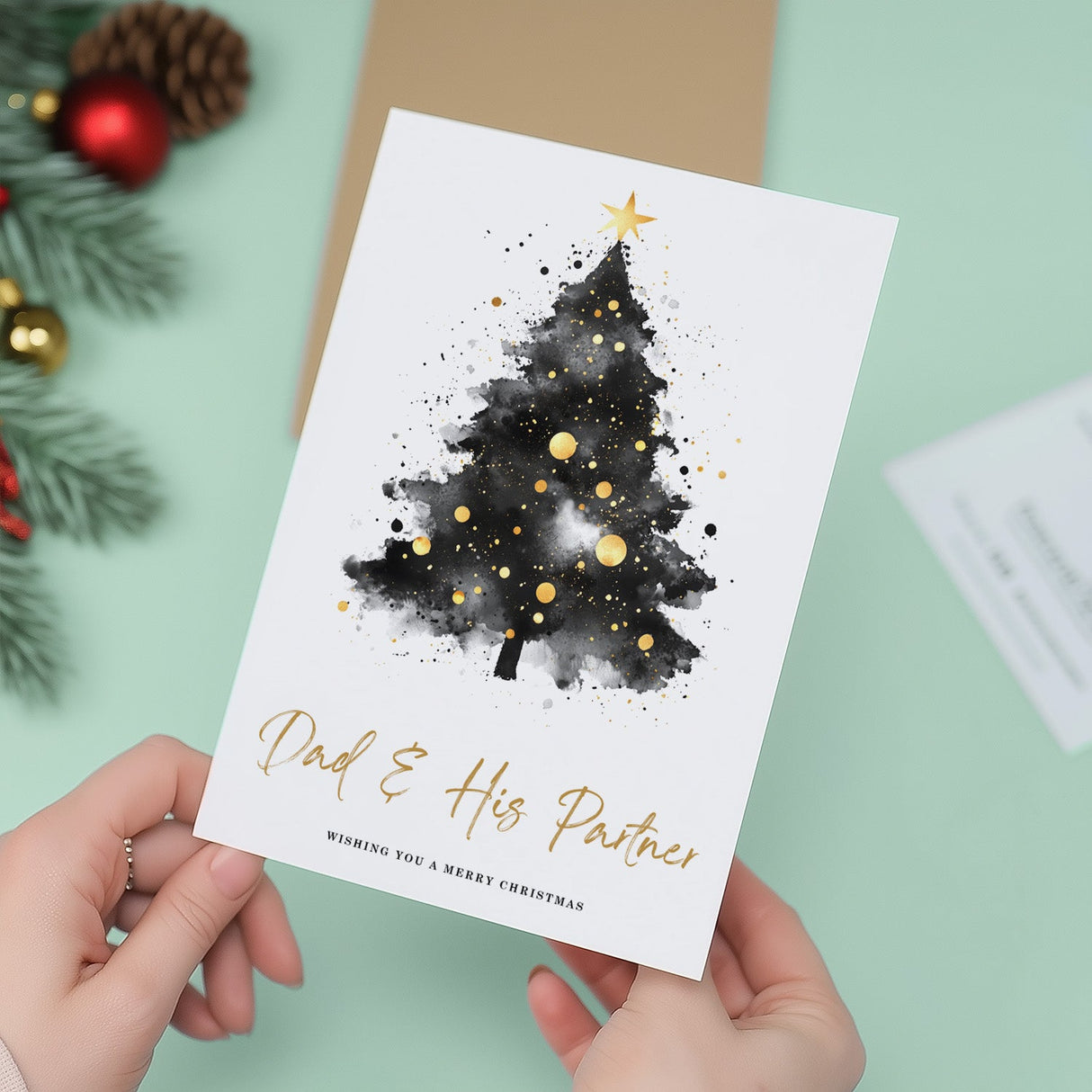 Dad and Partner Christmas Card with Tree Merry Christmas Wish