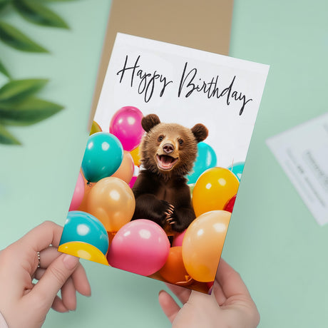 Fun Birthday Card Featuring A Cute Bear and Colourful Birthday Balloons For Boys Or Girls Him Or Her