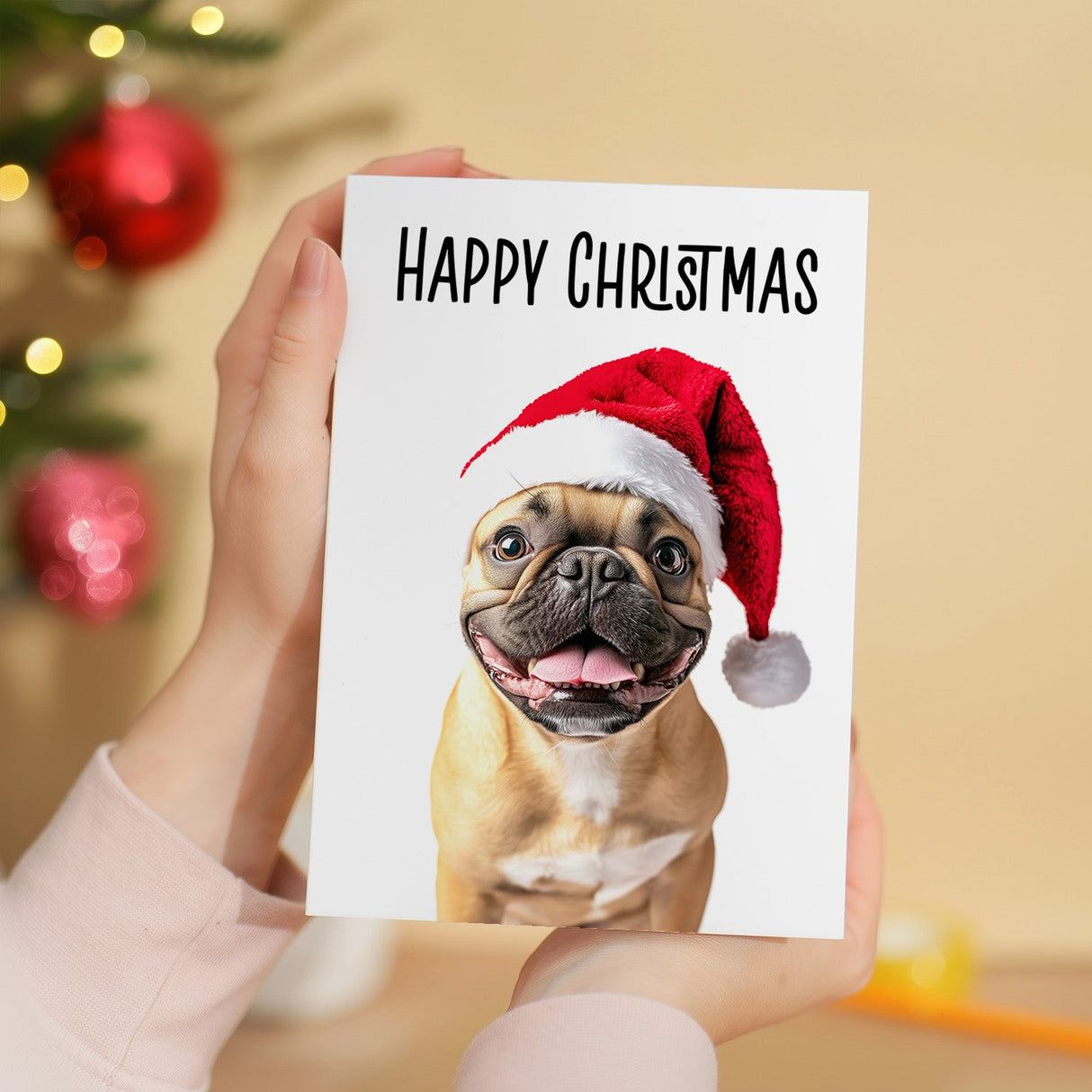 French Bulldog Santa Hat Christmas Card Whimsical Xmas Card For Animal Lovers