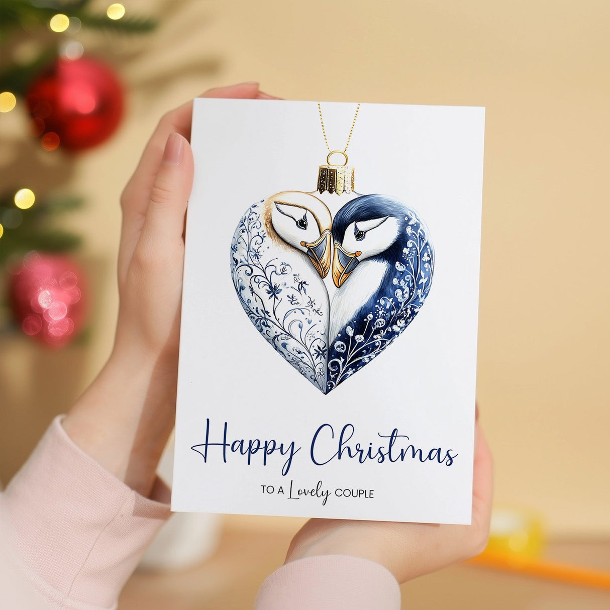 Christmas Card, For Couple, Son & Partner, Daughter & Partner, Puffin Bauble