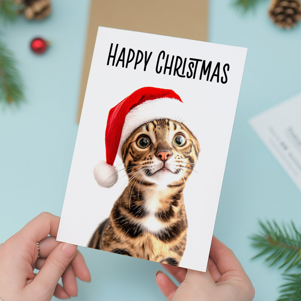 Bengal Cat Wearing Santa Hat Fun Christmas Card for Animal Lovers