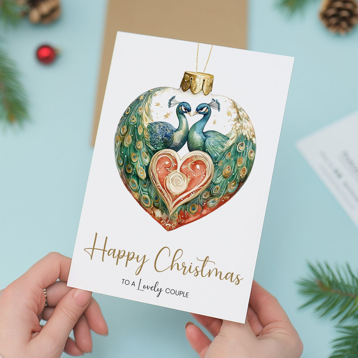Christmas Card, Lovely Couple, Son and Partner, Unique Peacock Bauble Design