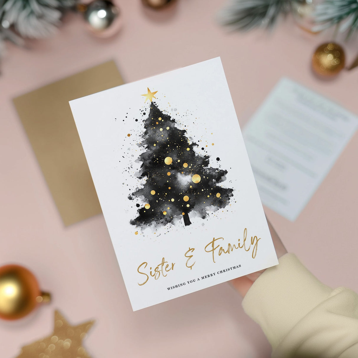 Sister Family Christmas Card with Christmas Tree Merry Wishes