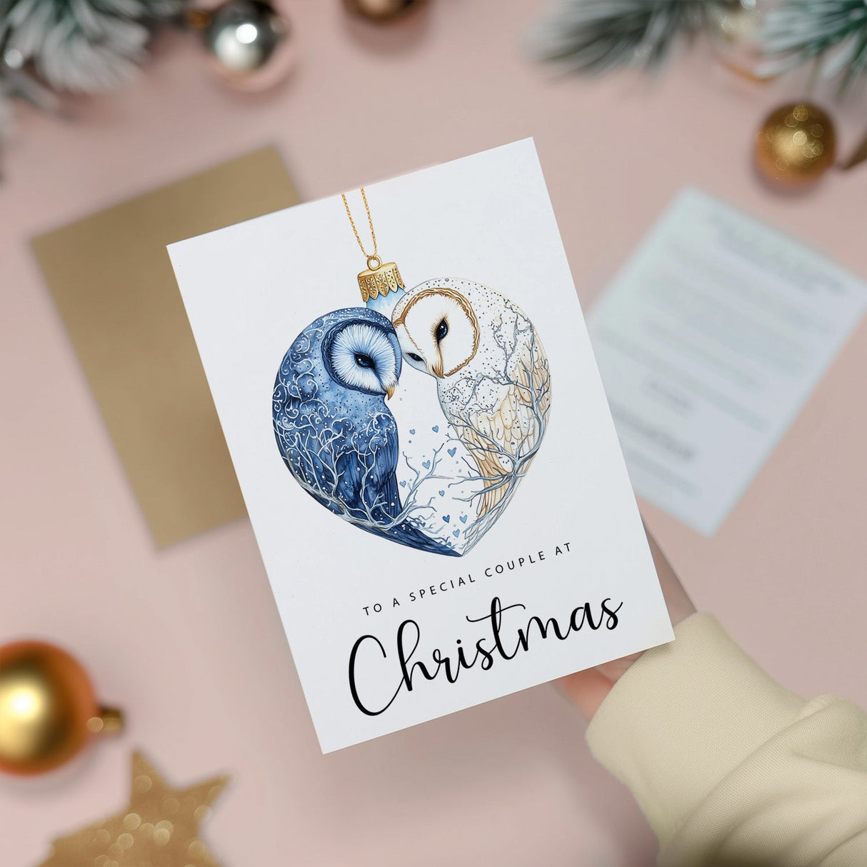 Christmas Card For Couple Owls Bauble Love Heart Illustration Romantic