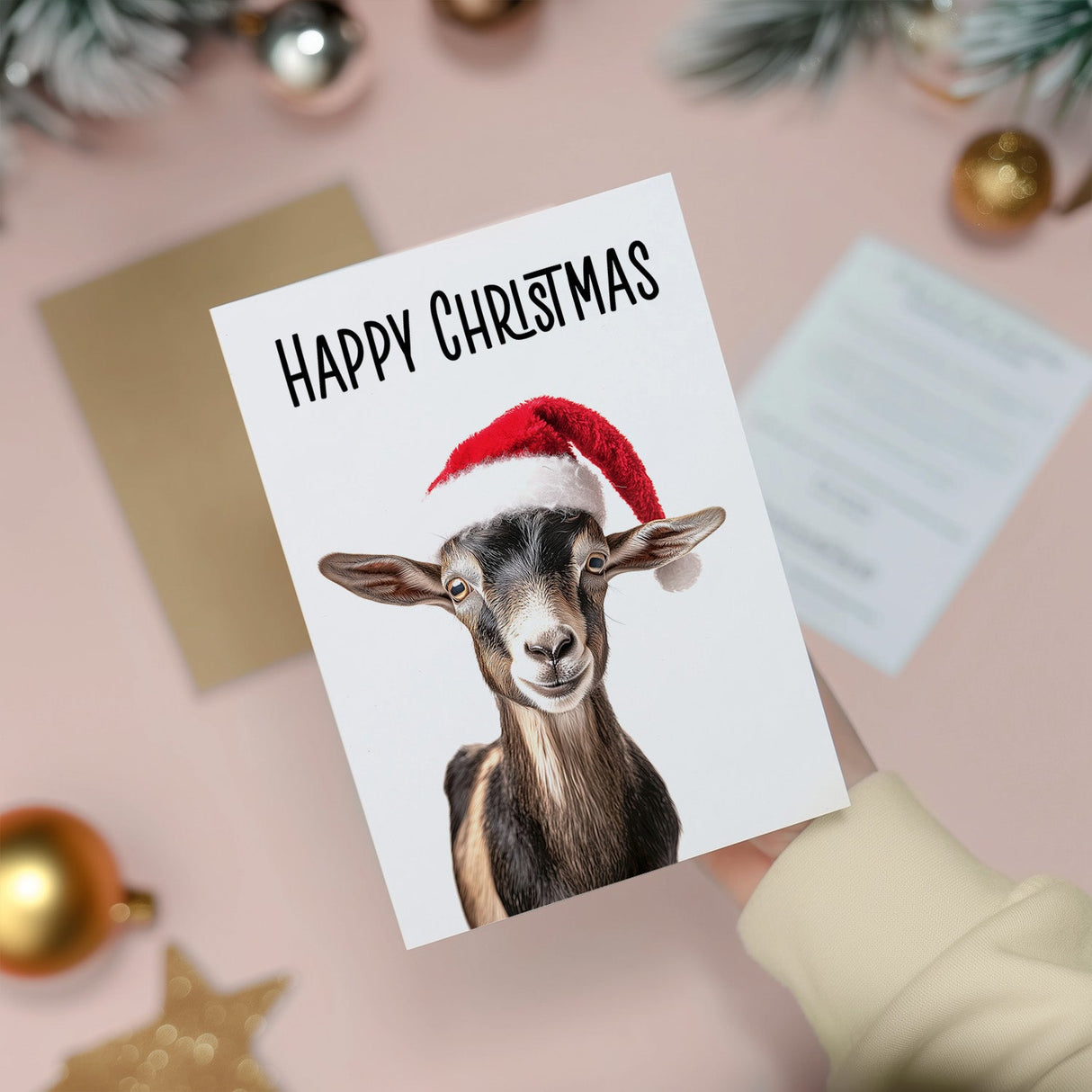 Christmas Goat Santa Hat Whimsical Card for Animal Lovers Men Women