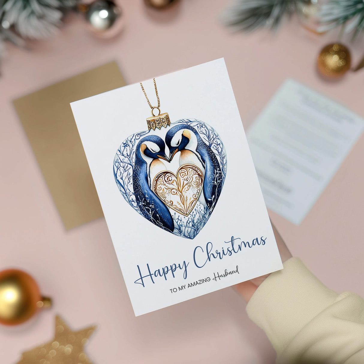 Christmas Card, Amazing Husband, Unique Penguin Bauble Design, From Wife