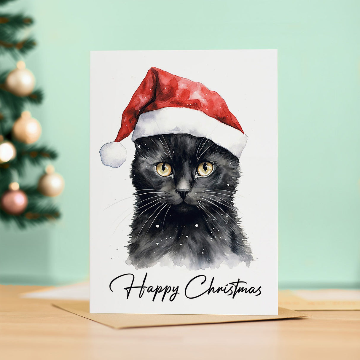 Black Cat Christmas Card Santa Hat Fun Gift For Him Her Everyone