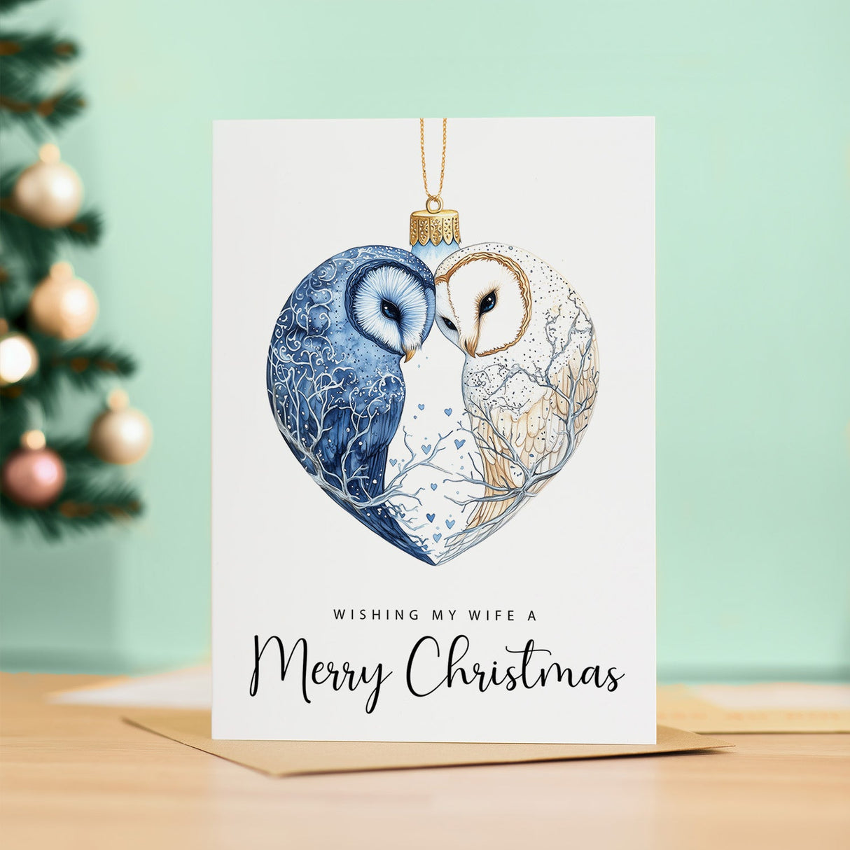 Romantic Christmas Card For Wife Owls Bauble Love Heart Illustration