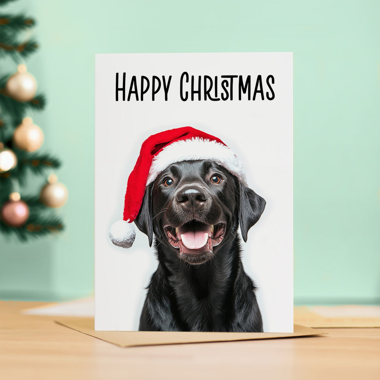 Black Labrador Dog in Santa Hat Christmas Card for Animal Lovers