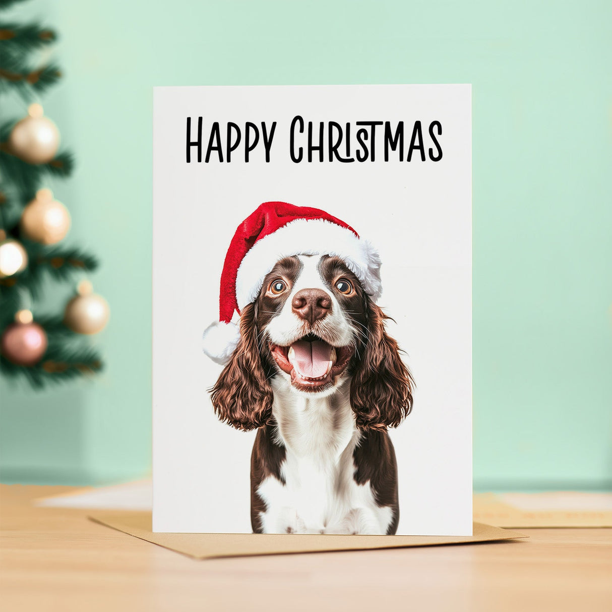 Springer Spaniel Dog Christmas Card Whimsical Xmas Card for Animal Lover