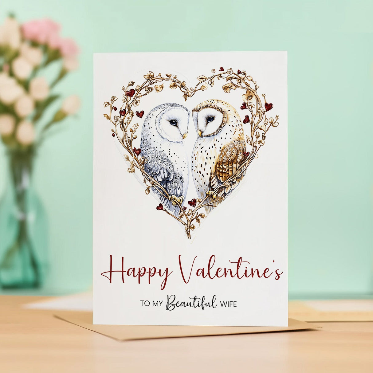Valentine's Day Card for Wife, Unique Design, Special and Elegant Owl Heart
