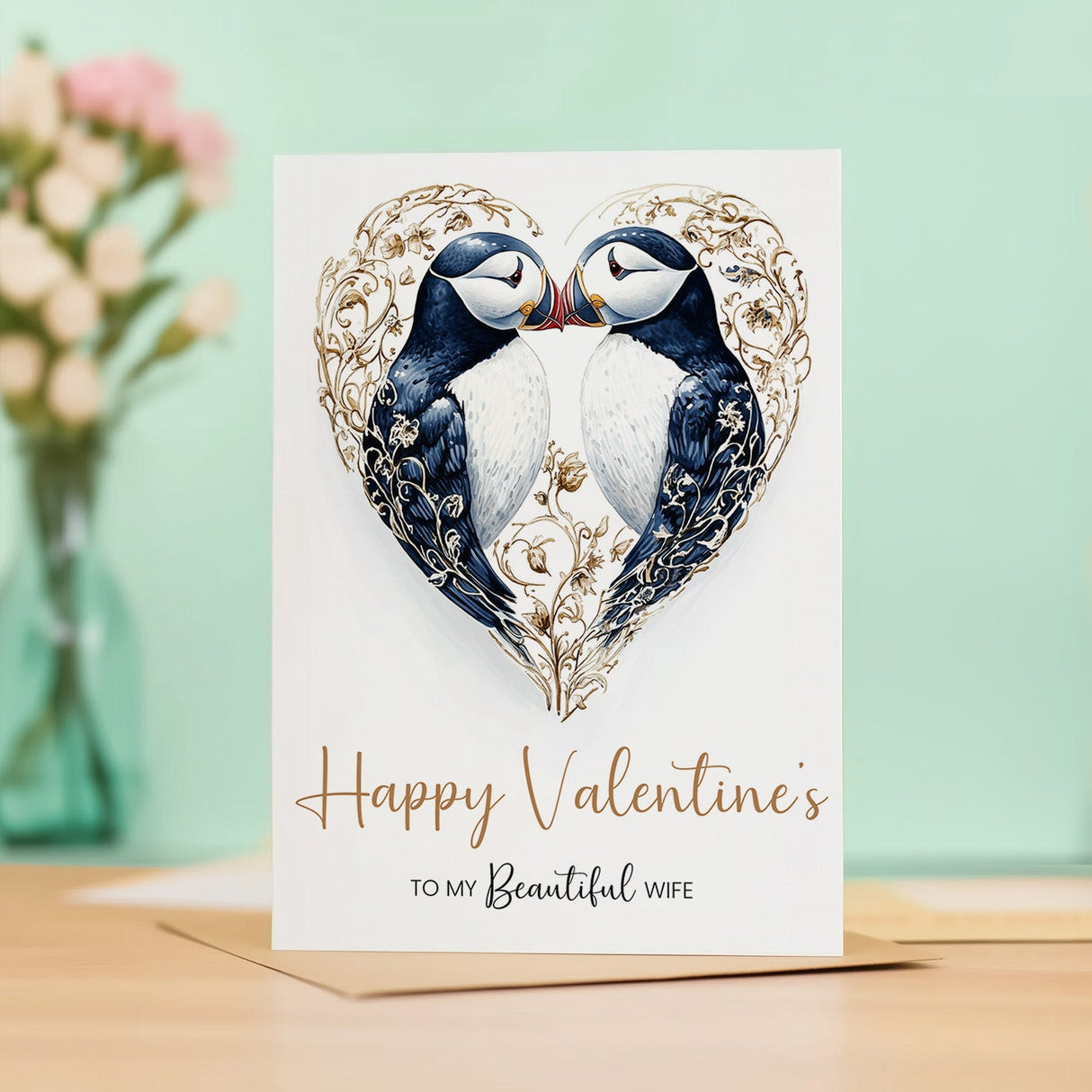 Valentine's Day Card for Wife, Unique Puffin Heart Design, Elegant Touch