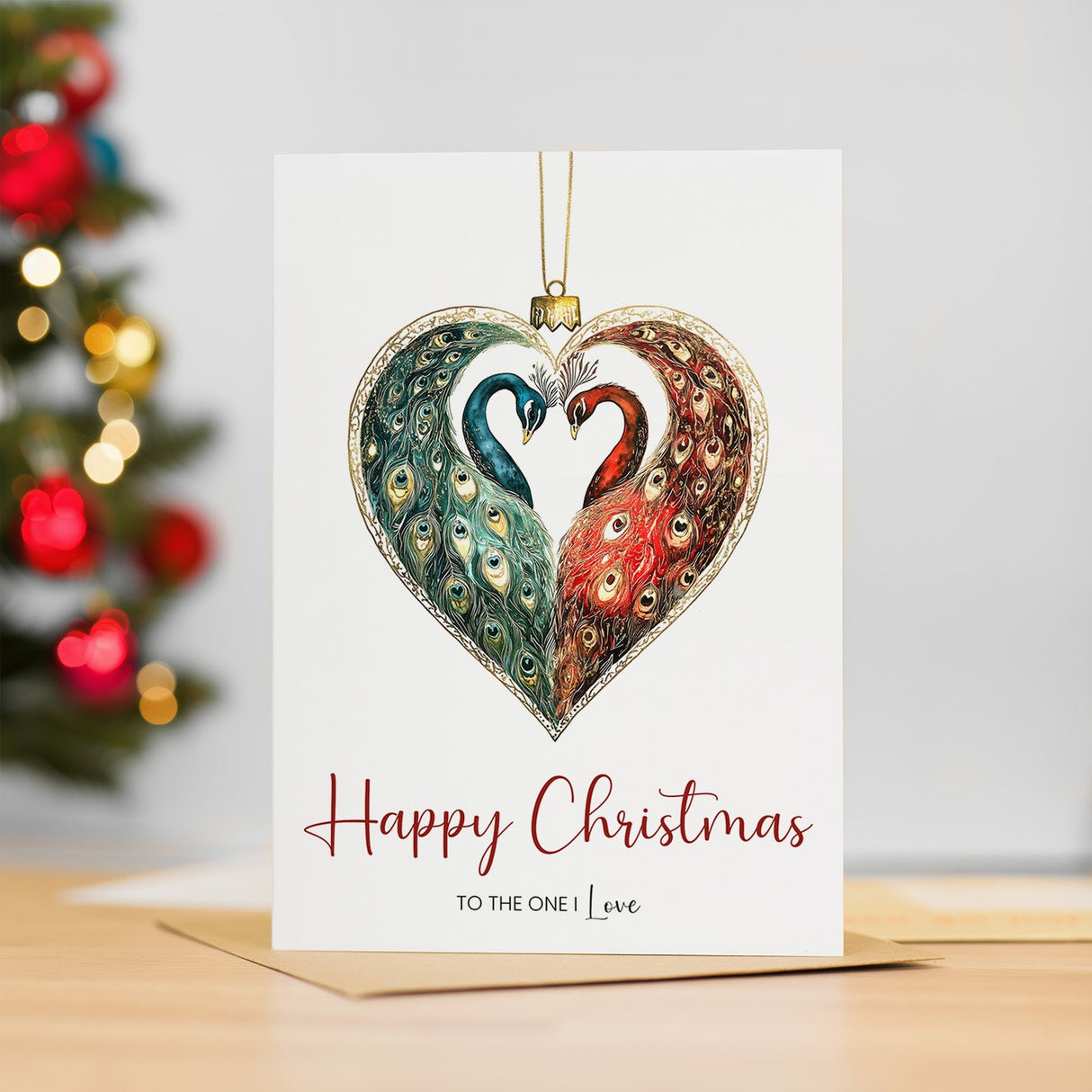 Christmas Card for the One I Love, Unique Design, Pretty Peacock Bauble