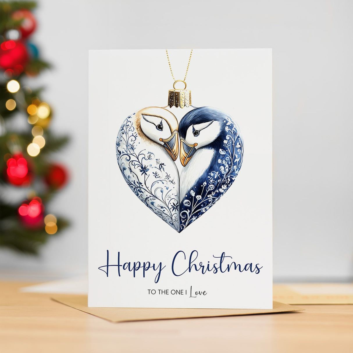 Christmas Card, To The One I Love, Unique Puffin Bauble Design, From Partner