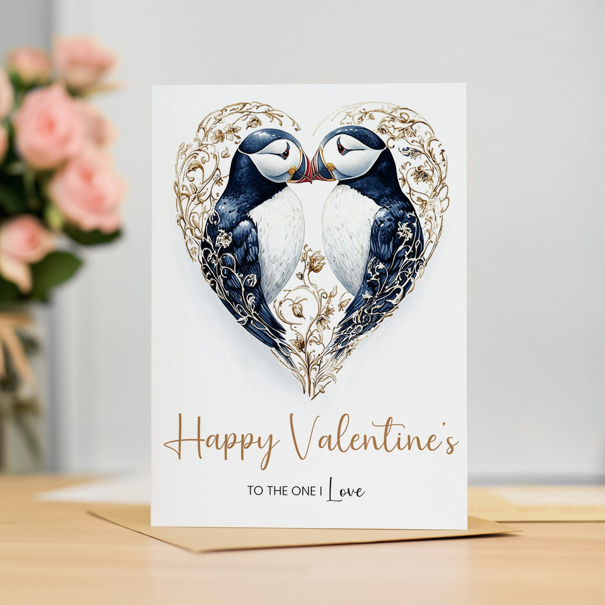 Valentine's Day Card, The One I Love, Unique Puffin Heart Design, Elegant