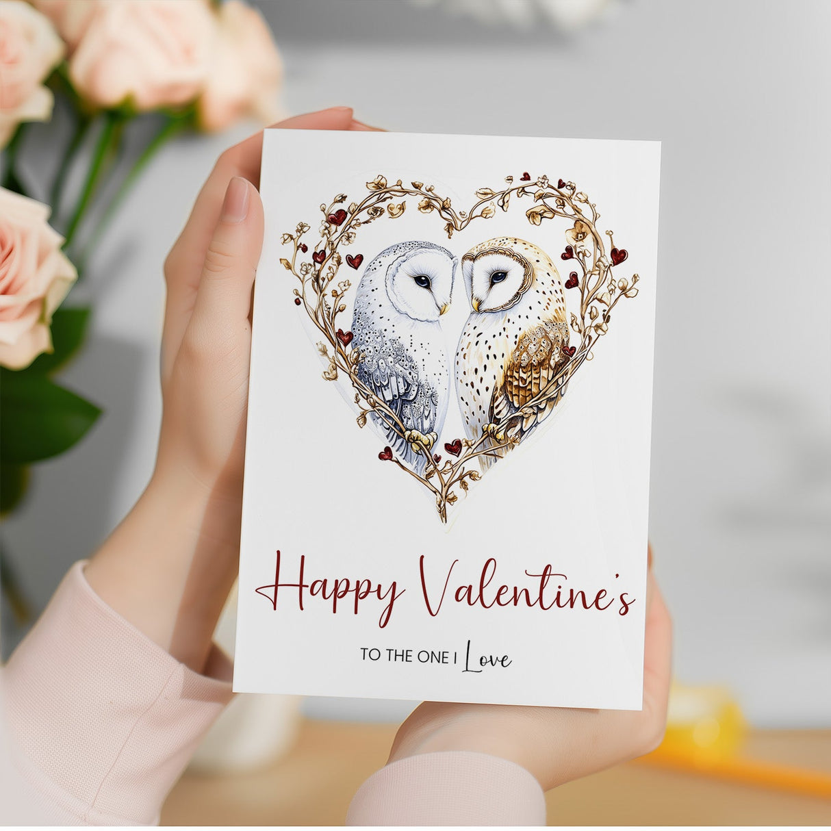 Valentine's Day Card for Wife or Husband, Unique Owl Heart Design, Elegant