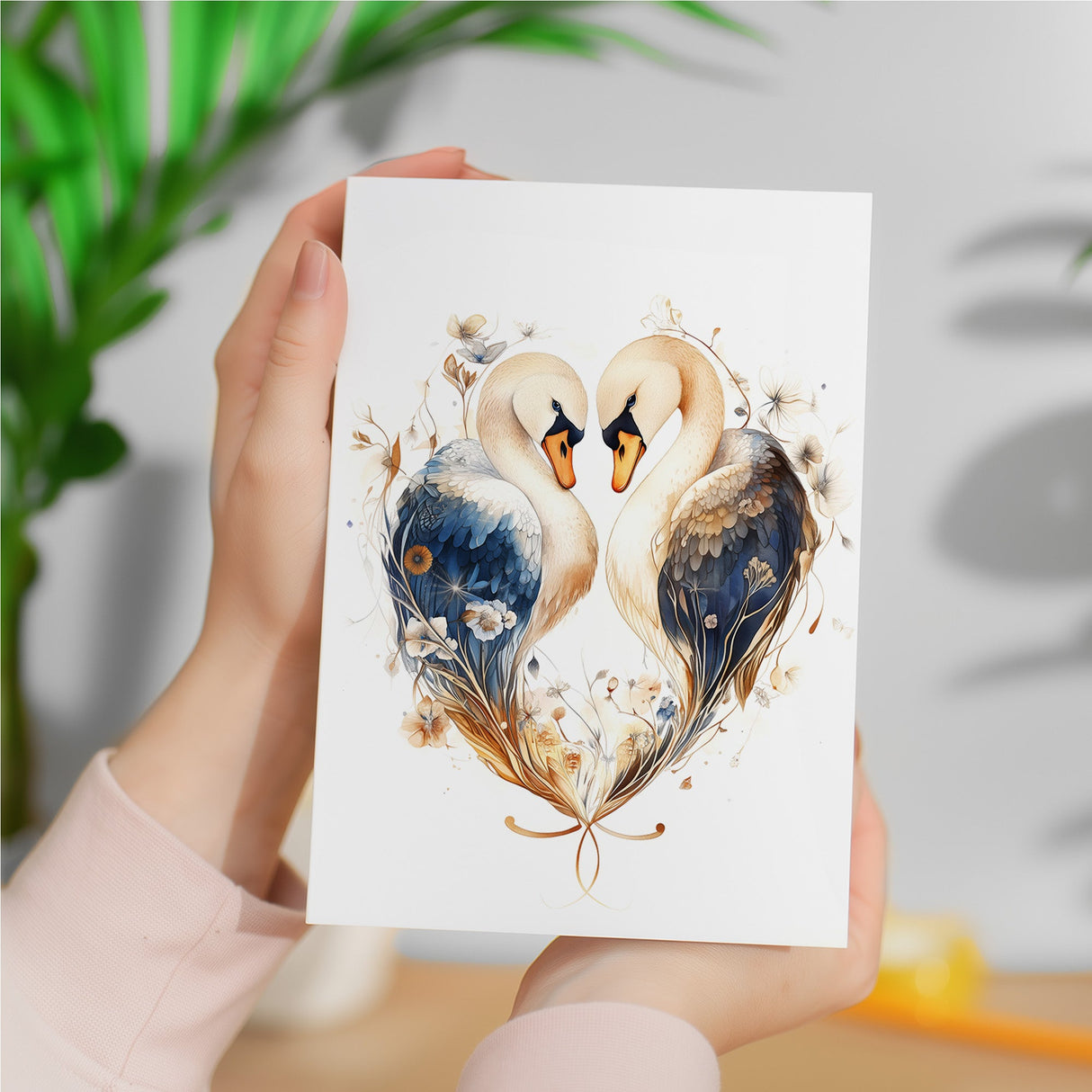 An anniversary card featuring an elegant swan illustration, perfect for a husband or wife, him or her, as a thoughtful gift.