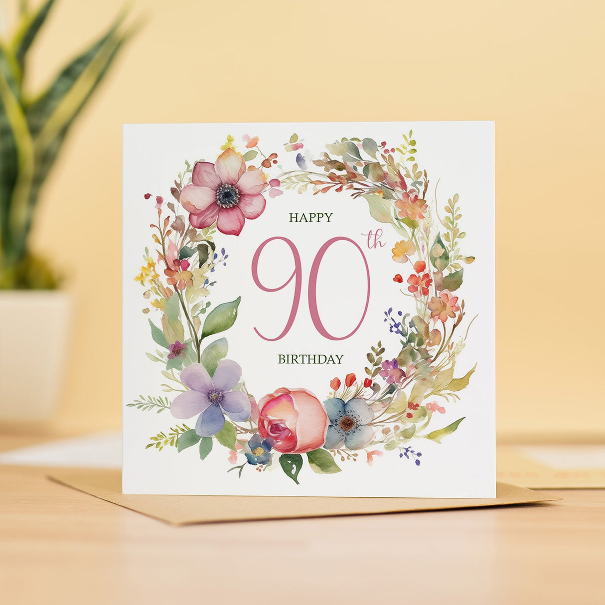 90th Birthday Card Floral for Mum Gran Friend Pretty Ninetieth Celebration