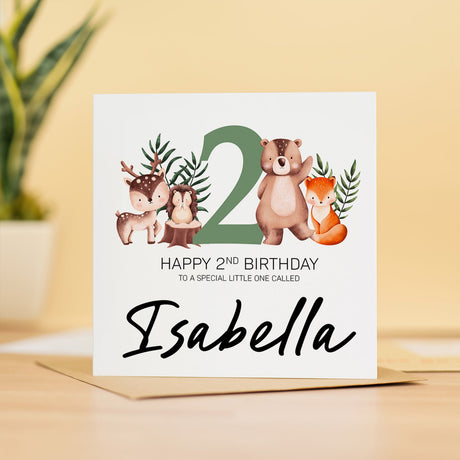 Custom 2nd Birthday Card Woodland Theme for Boy Girl Two Year Personalised