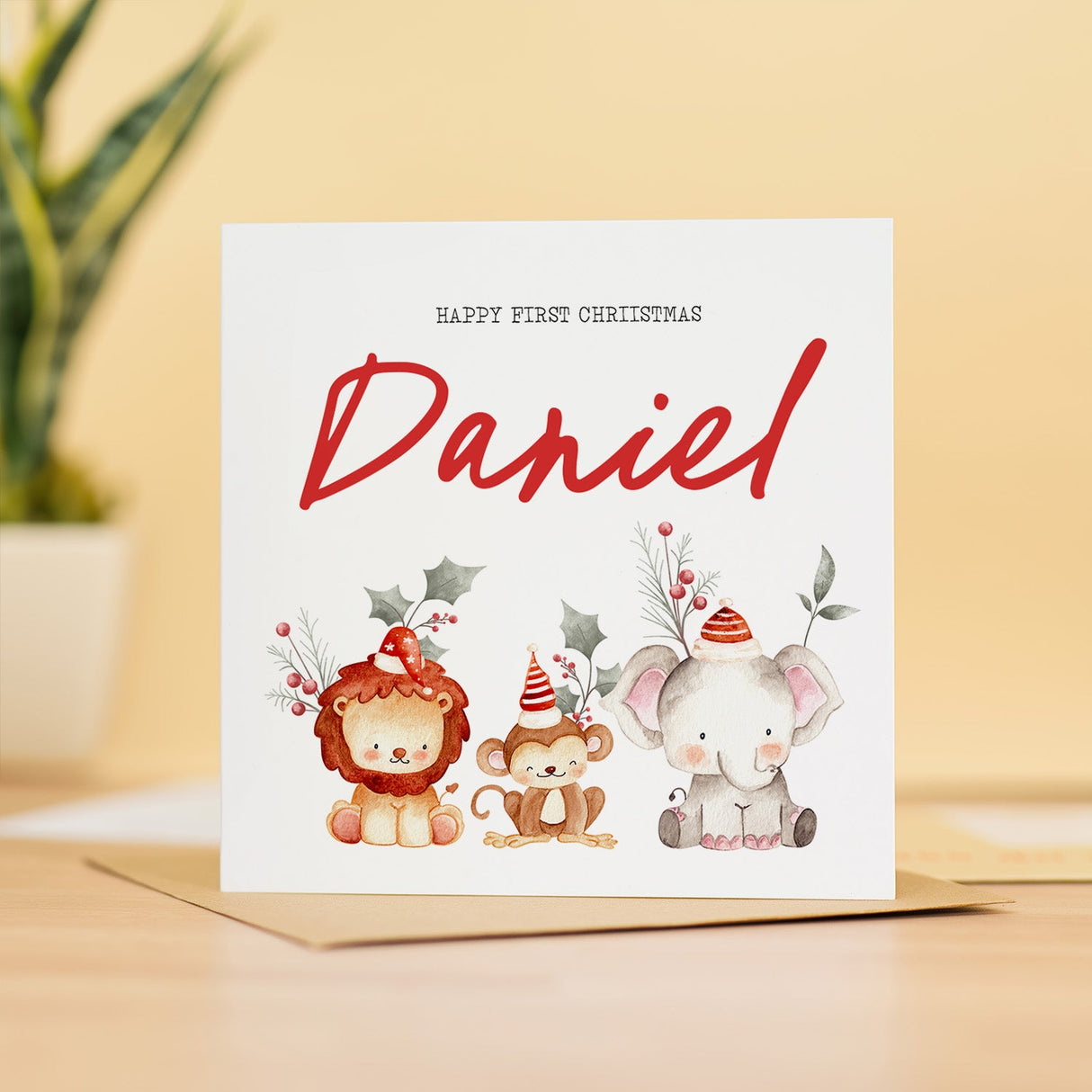 Personalised Safari Baby 1st Christmas Card for Boy or Girl
