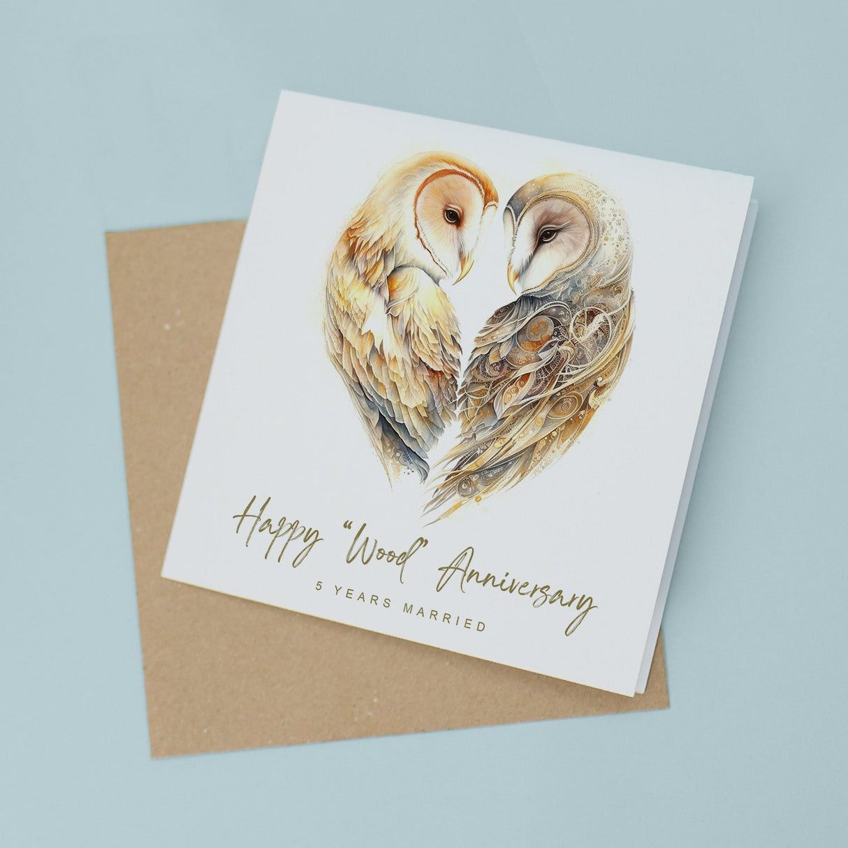 5 Year Wood Anniversary Card for Husband Wife Owl Theme Anniversary