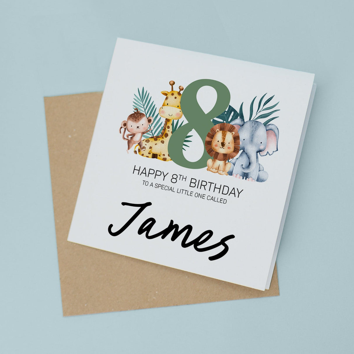 Personalised 8th Birthday Card Jungle Theme For Boy Girl Custom Card