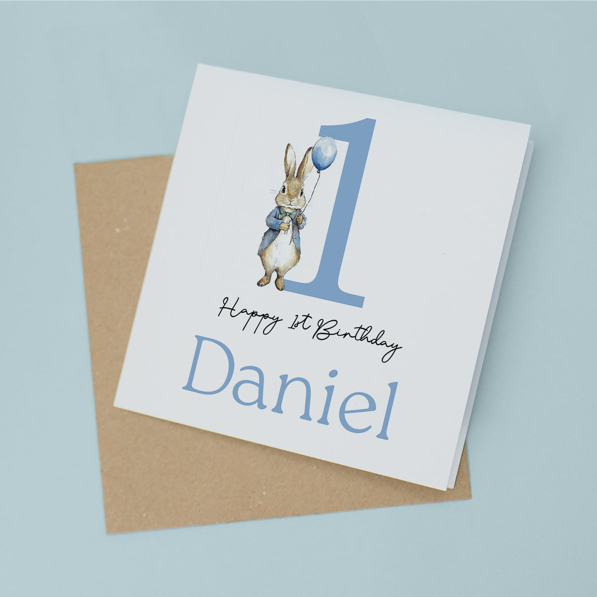 Personalised Boys 1st Birthday Card For Boy Featuring A Cute Bunny In Blue Custom First Birthday Gift