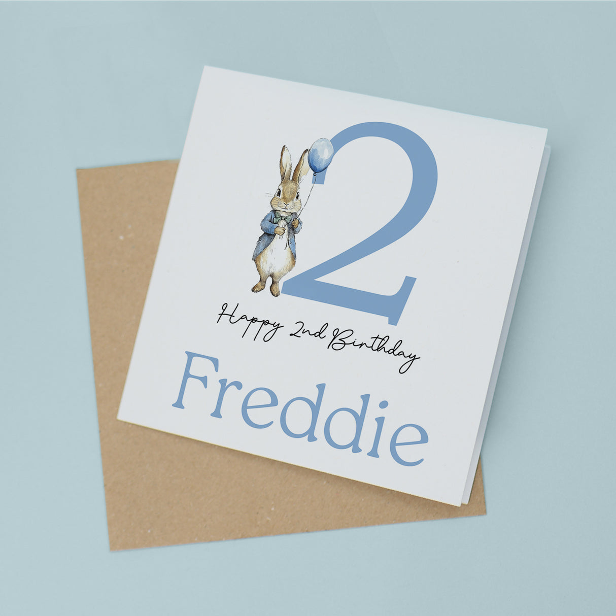 Personalised Boys 2nd Birthday Card For Boy Featuring A Cute Bunny In Blue Custom Second Birthday Gift