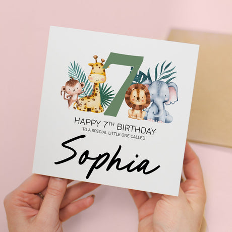 Personalised Jungle Themed 7th Birthday Card for Boy Girl Custom Seven Years